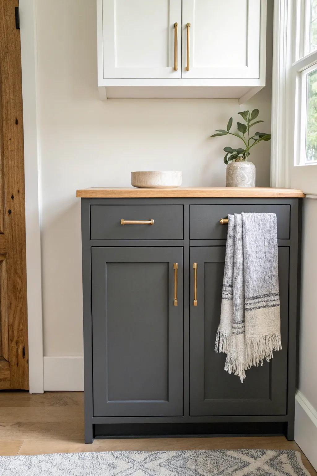 Charcoal gray base cabinets with crisp white uppers—clean contrast, tailored and timeless.