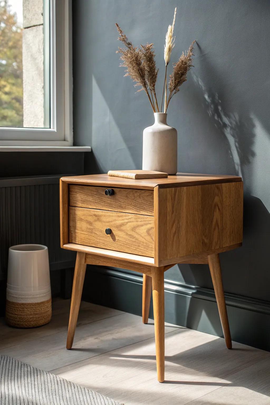 Charcoal feature wall + honey oak nightstand: cozy contrast with clean Scandinavian calm.