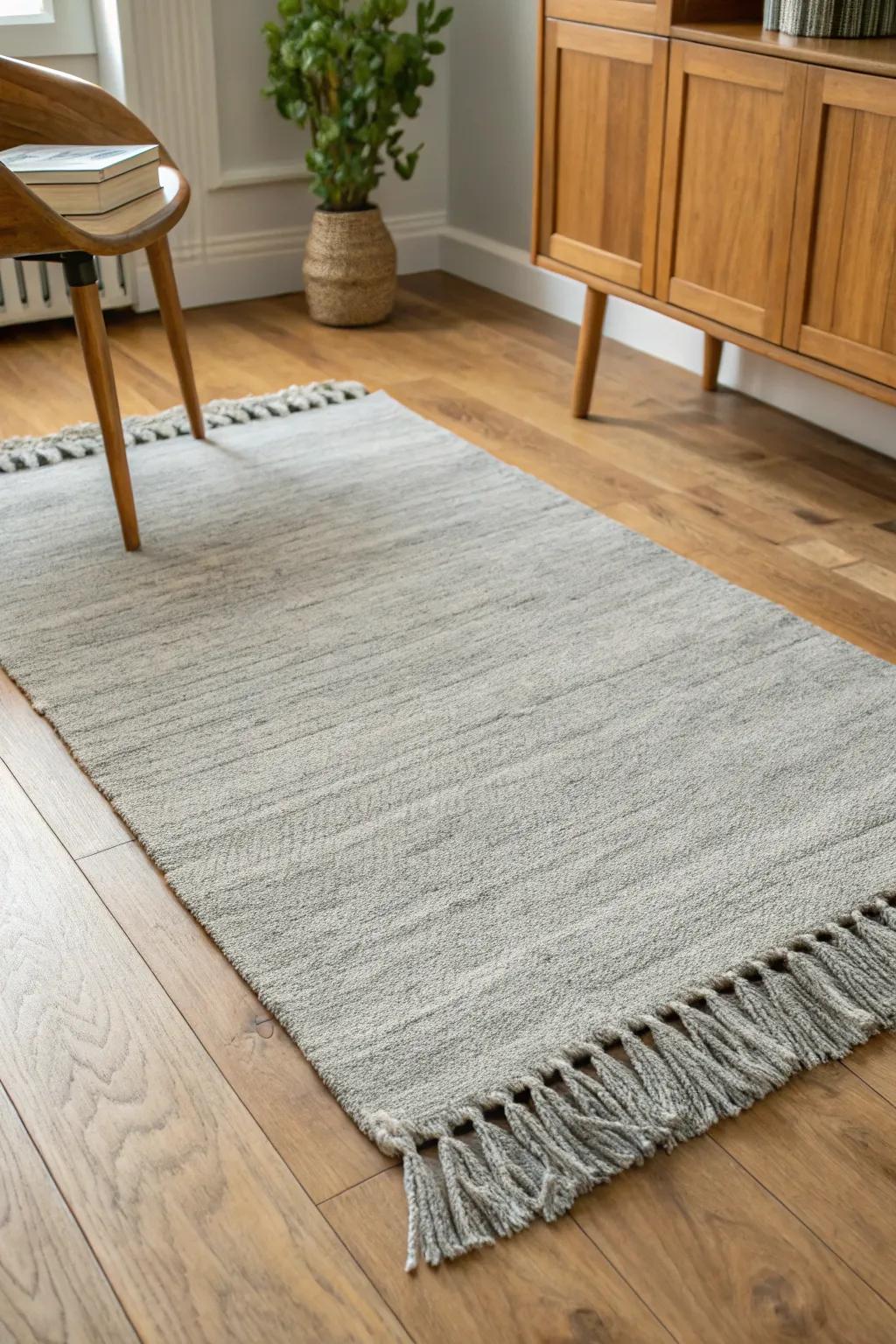 A heather-grey rug grounds warm wood tones, making mixed woods feel calm and intentional.