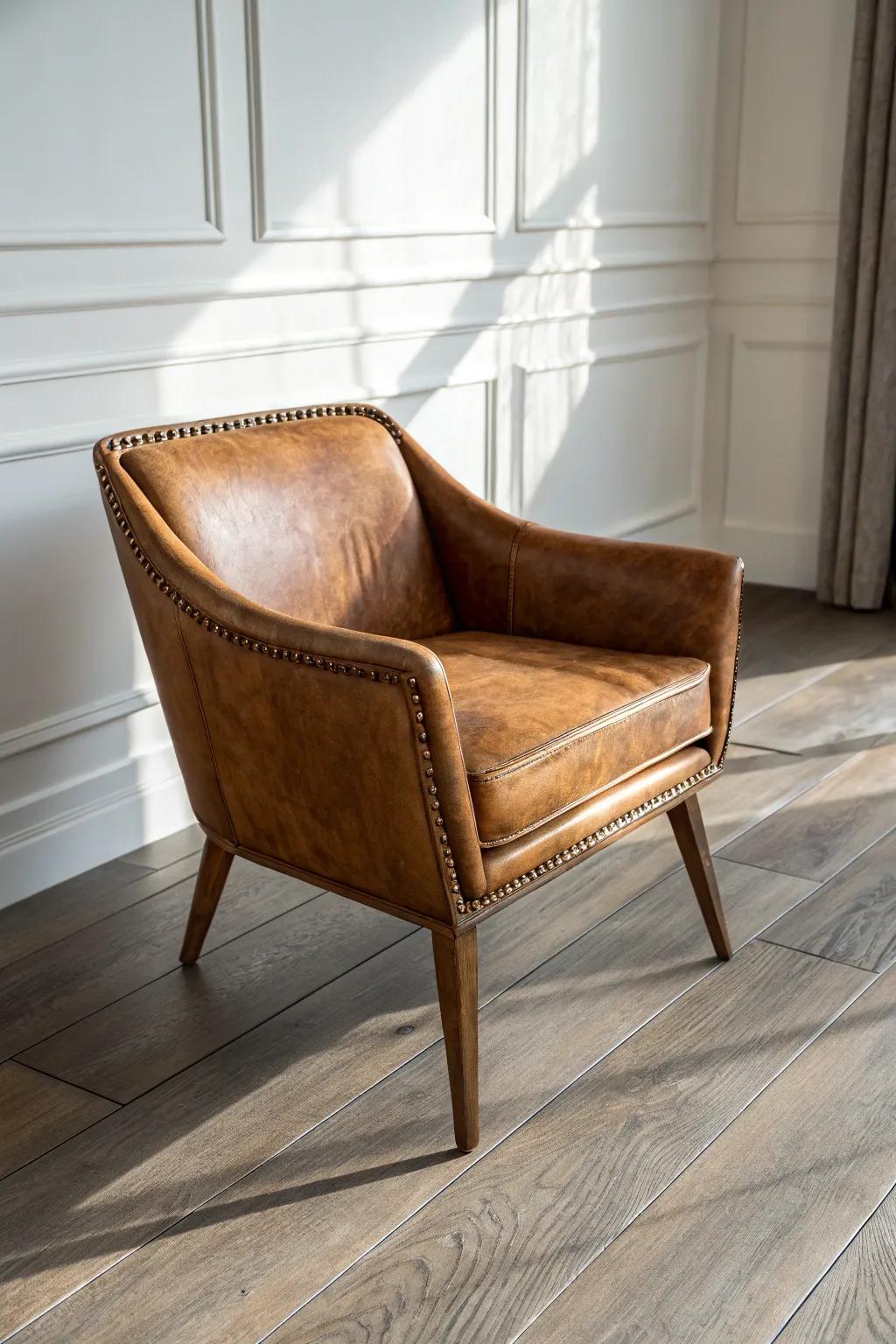 Cognac leather chair on gray oak floors—warm, crafted contrast for a calm, collected living room.