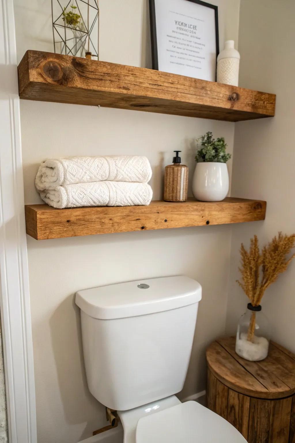 Reclaimed wood floating shelves above the toilet—warm, space-saving style for a half bath.