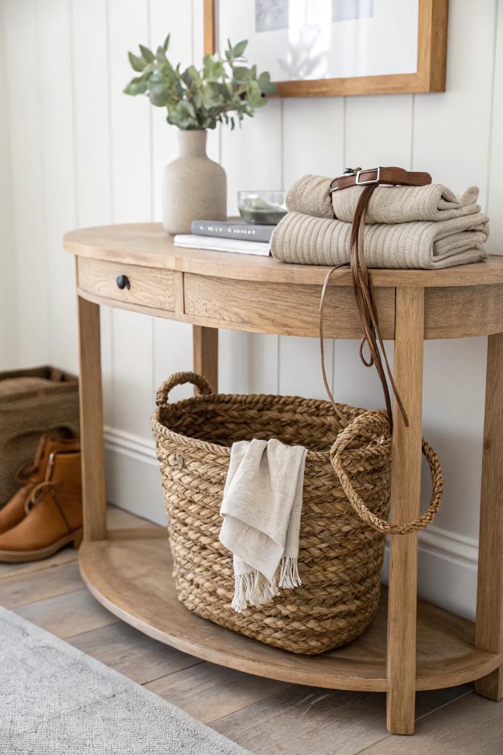 A chunky woven basket adds boho texture and neatly hides scarves, leashes, and essentials.