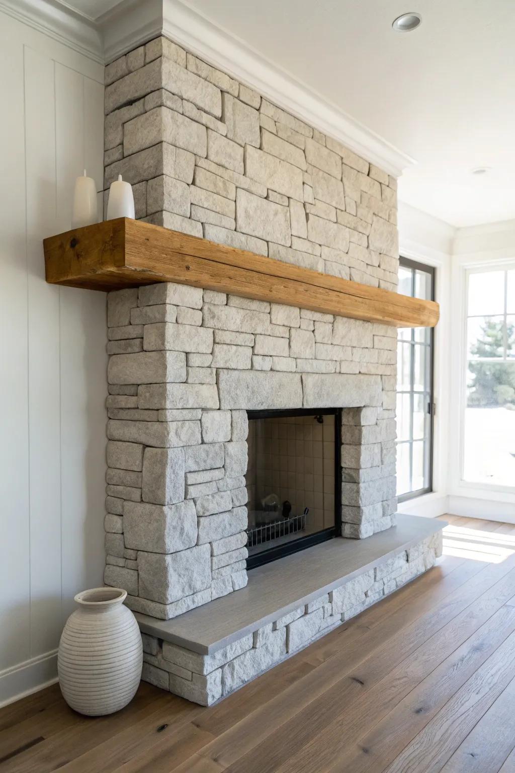 Lodge-meets-minimal: stacked stone half wall fireplace topped with a rustic beam mantel.