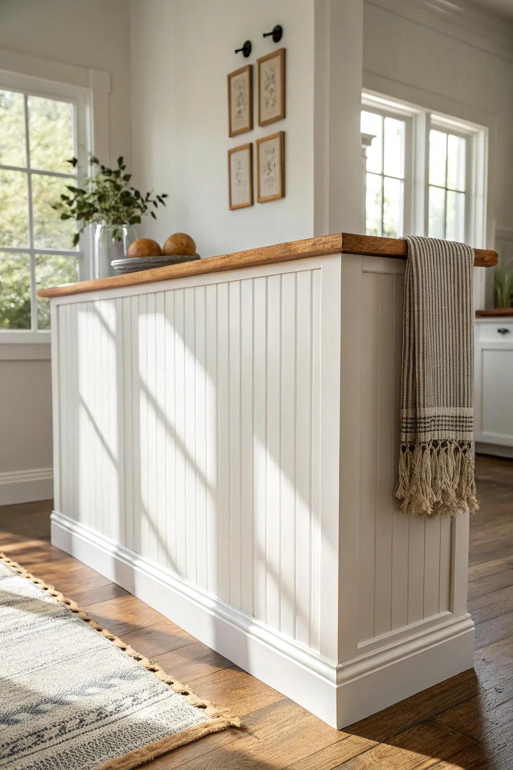 Beadboard half wall with a stained oak ledge—cozy, durable texture for busy open-plan homes.