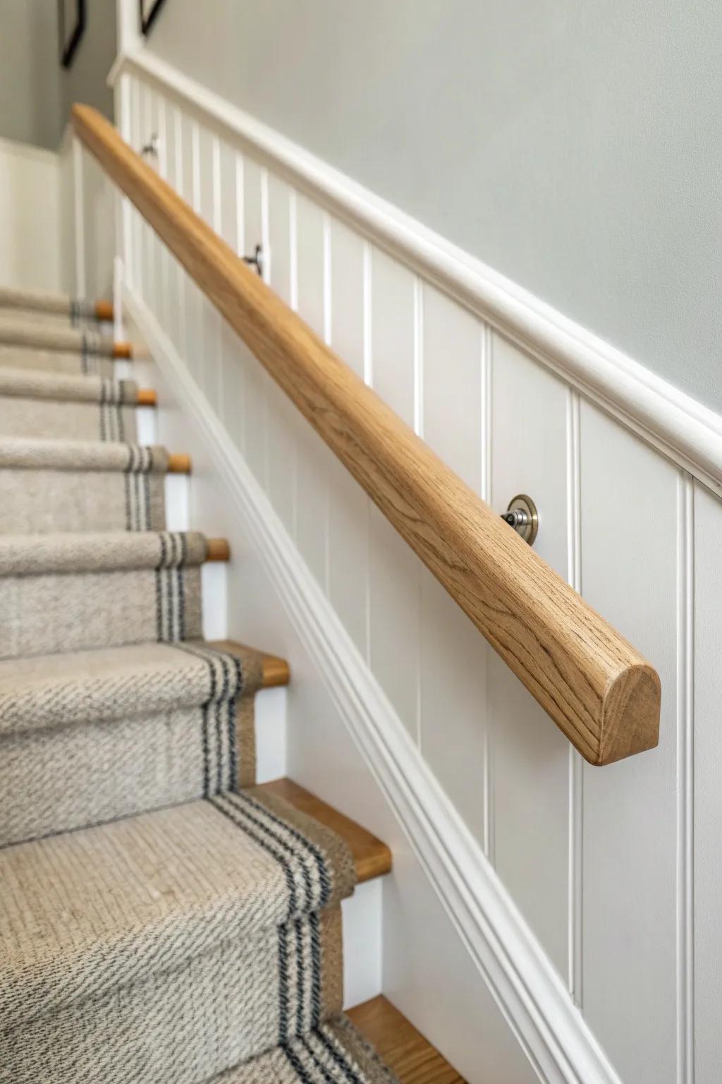 Two-tone hallway walls + simple oak trim: a polished look that also hides everyday scuffs.