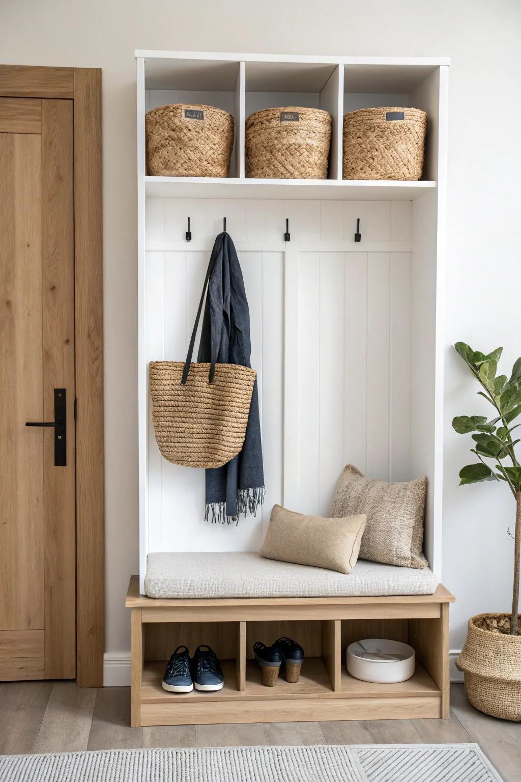 Locker-style cubby with hidden base cabinets—clean oak, bold hooks, and calm hallway order.