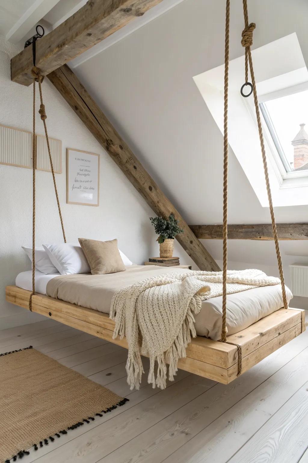 A dreamy attic hanging bed, suspended from exposed beams for cozy, effortless Scandinavian calm.