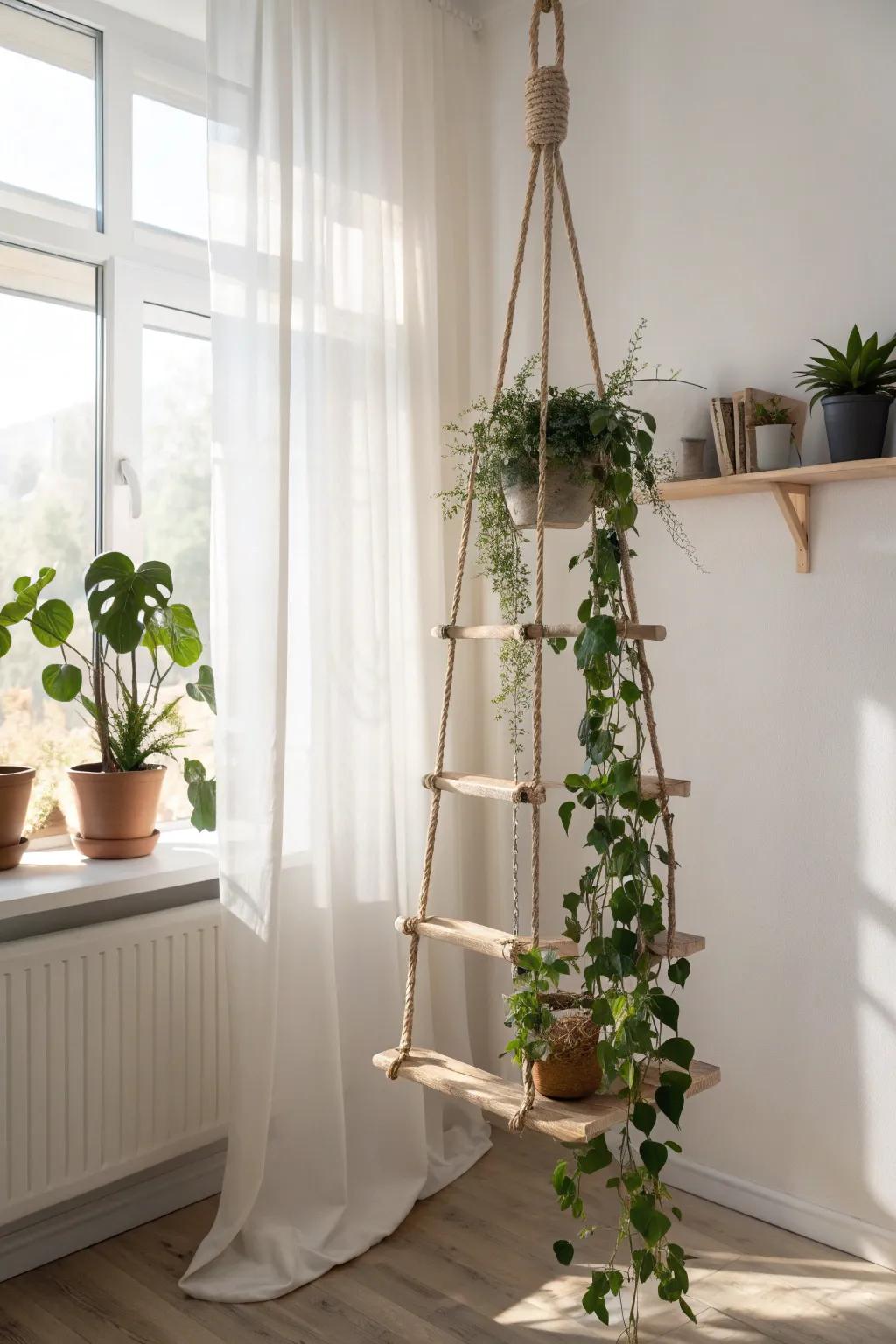 A hanging ladder plant chandelier: airy greenery, warm oak, and effortless Nordic calm.