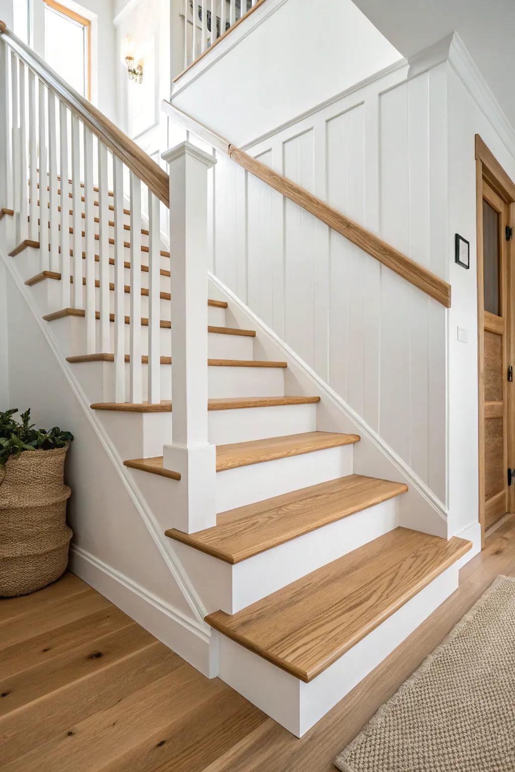 Natural oak treads + crisp painted stringers for a custom, Scandinavian stair upgrade.