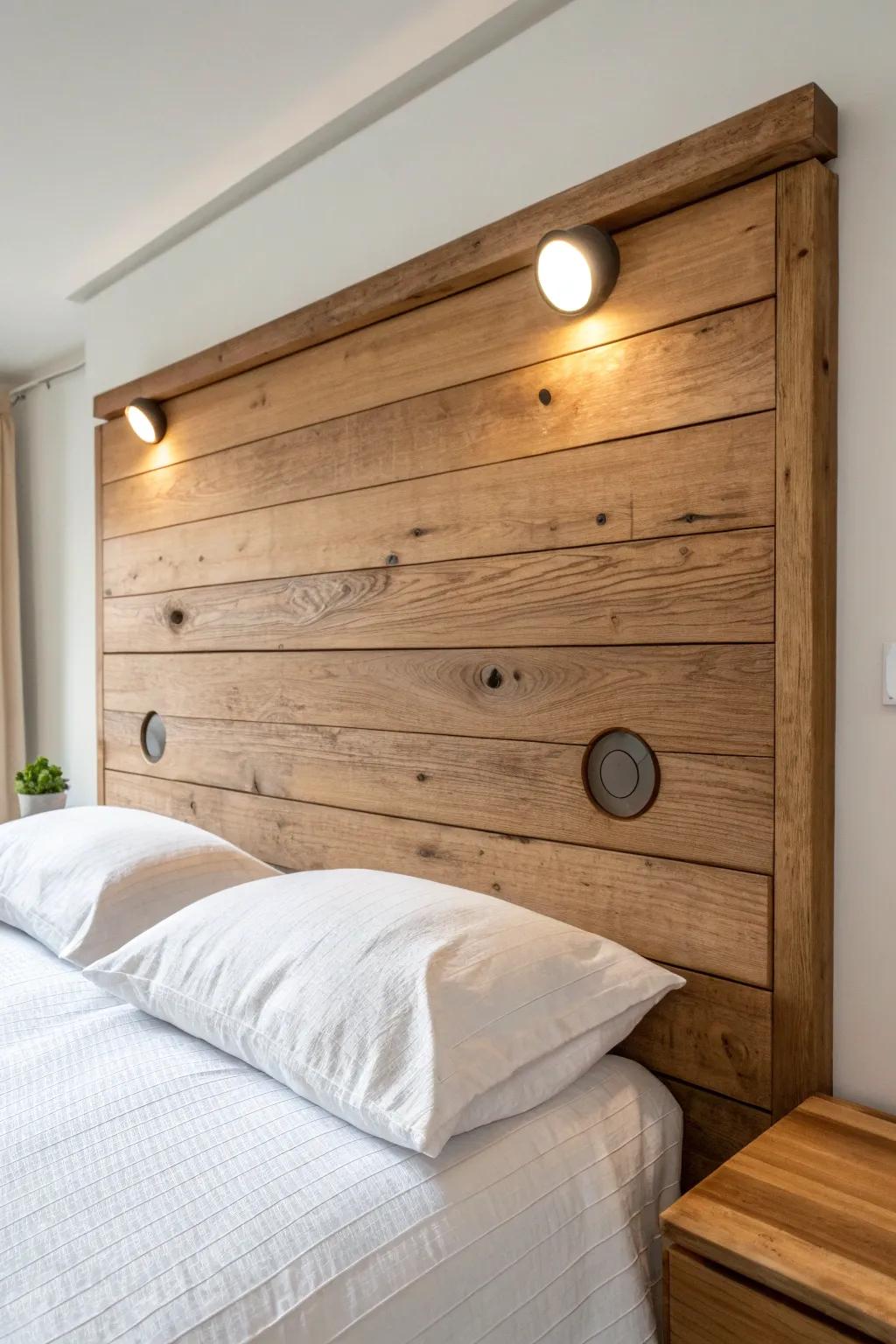 Flush recessed puck lights in a thick reclaimed-wood headboard for a cozy, high-end glow.