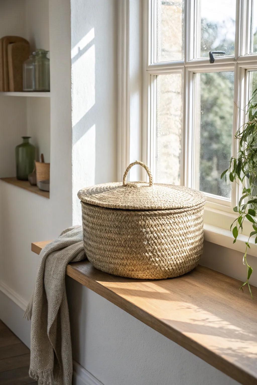 A woven basket on a high shelf adds texture—and neatly hides every little mess.
