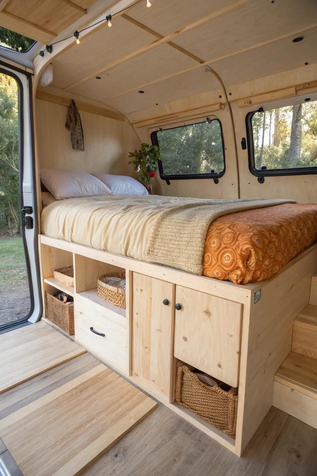 Raised platform bed with hidden “garage” storage—clean, cozy, and crafted for van life.