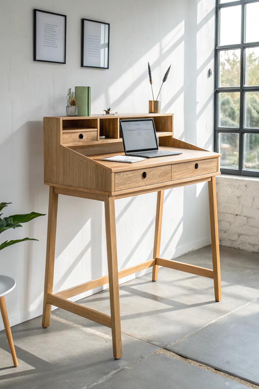 Standing-height oak hobby desk with clean lines—comfortable for sanding, carving, and prep work.