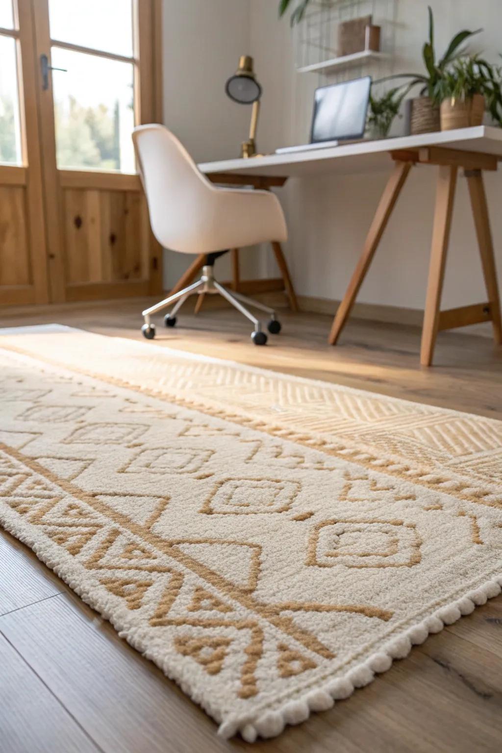A low-pile woven rug instantly zones your desk area and adds warmth to wood furniture.