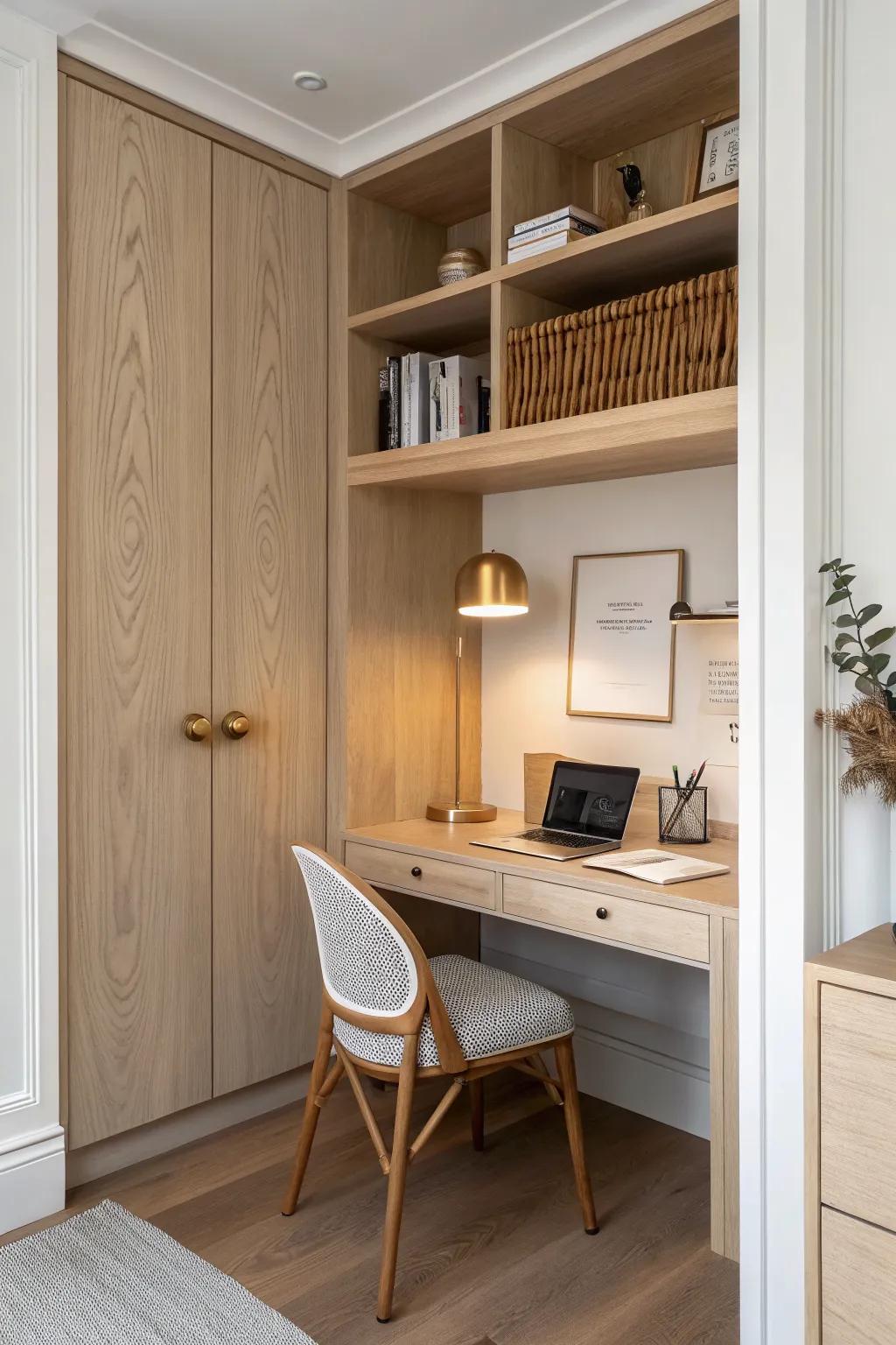 A closet turned study nook—oak desktop, warm light, and doors that close school away.