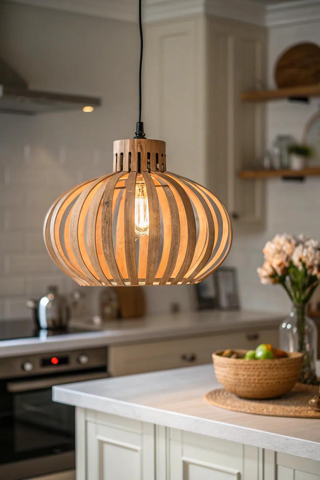 Layered lighting starts with one warm wooden pendant—instant cozy, homey kitchen glow.