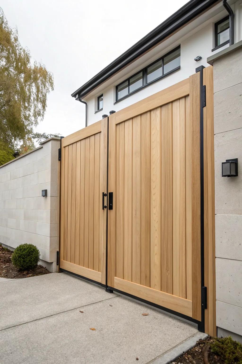 Lightweight double driveway gate with airy frames, center stop + drop‑rod detail close-up.