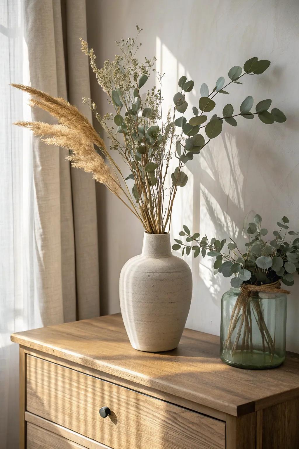 A simple vase of greenery or dried stems adds instant warmth and softness to a dresser top.
