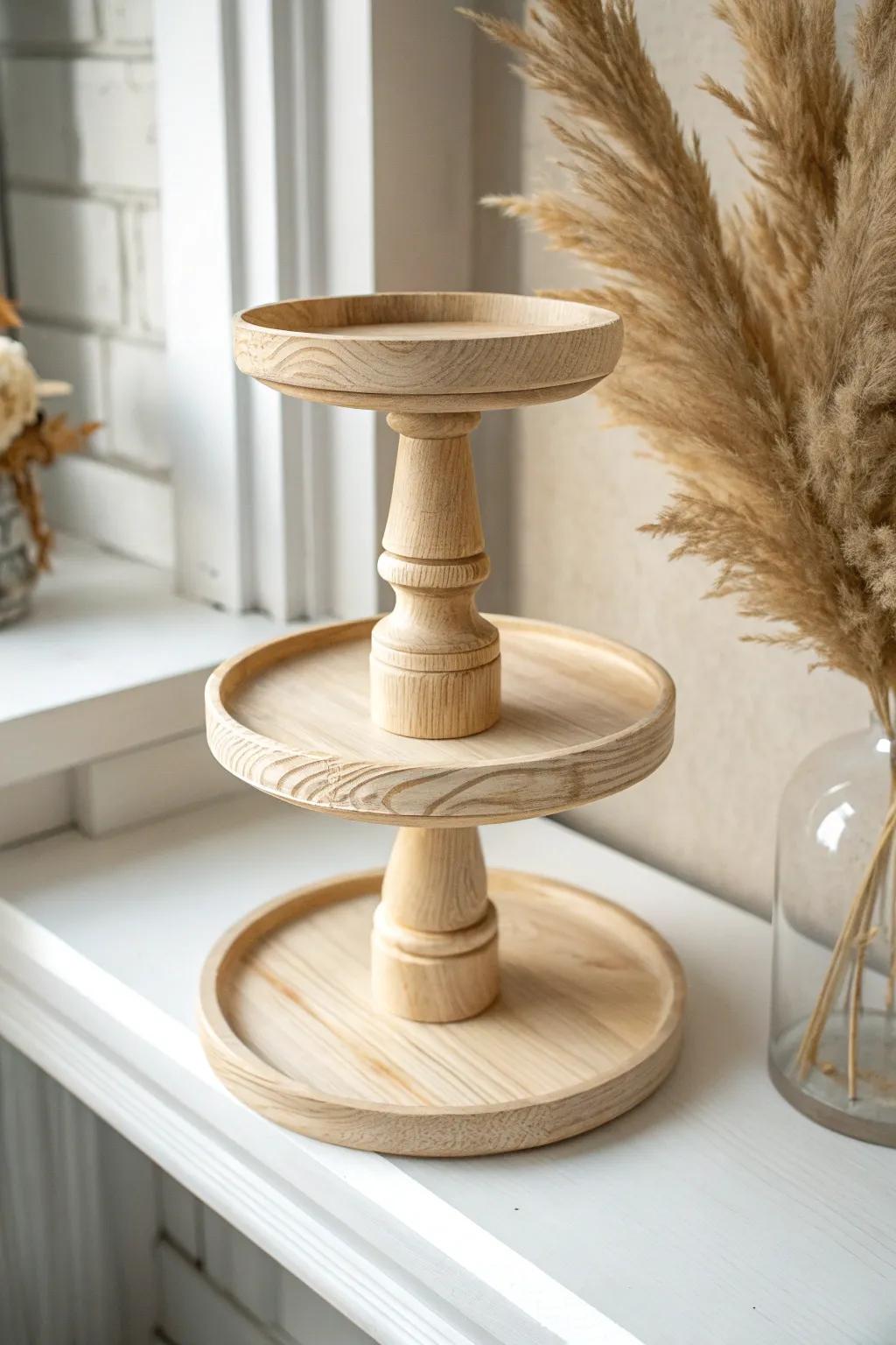 A simple tiered wooden can riser makes deep pantry shelves instantly visible and tidy.