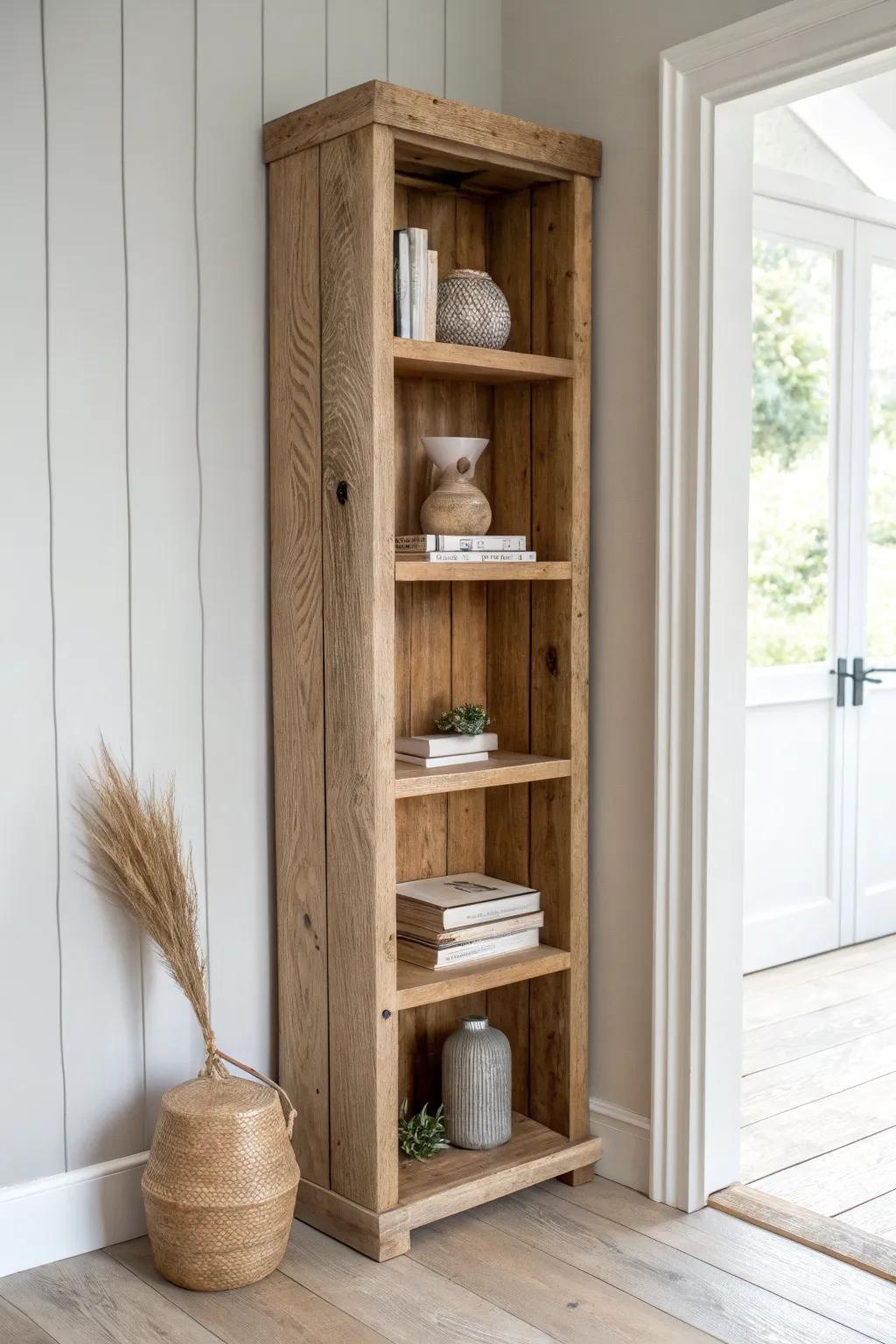 Make dead corners shine with handcrafted reclaimed-wood corner shelves for stylish book storage.