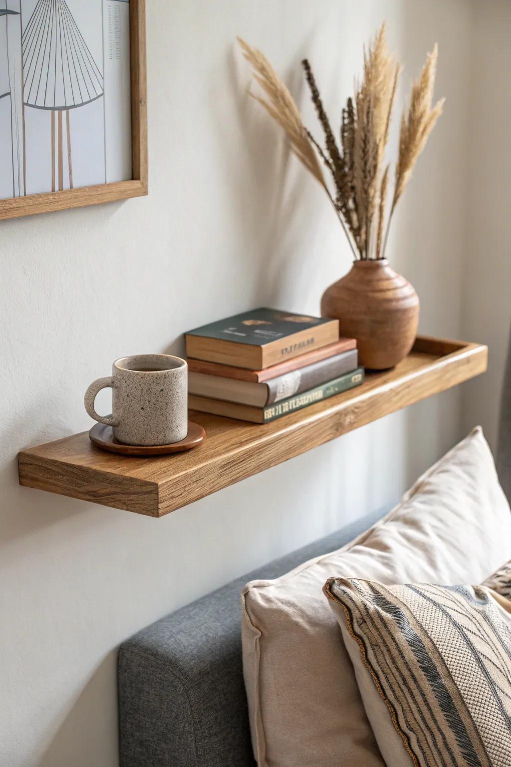 A warm oak ledge shelf styled for tea and books—simple, handcrafted hygge for slow evenings.