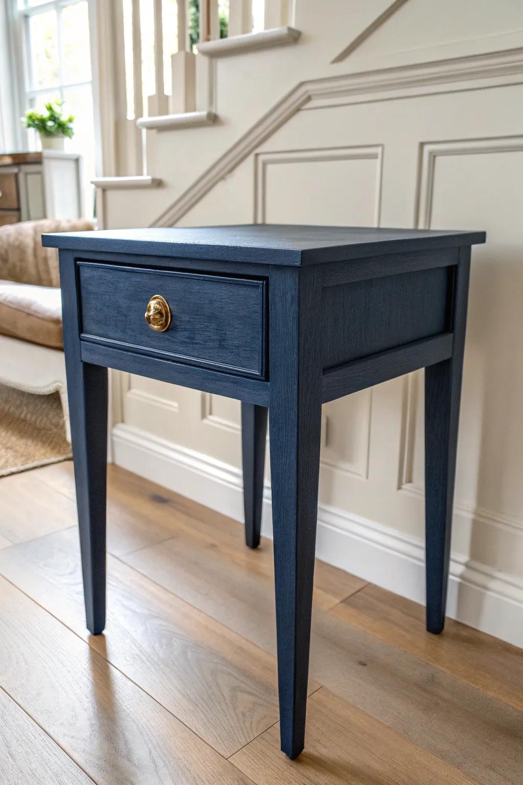 Deep navy end table—bold, classic, and stunning against creamy linens and soft neutrals.