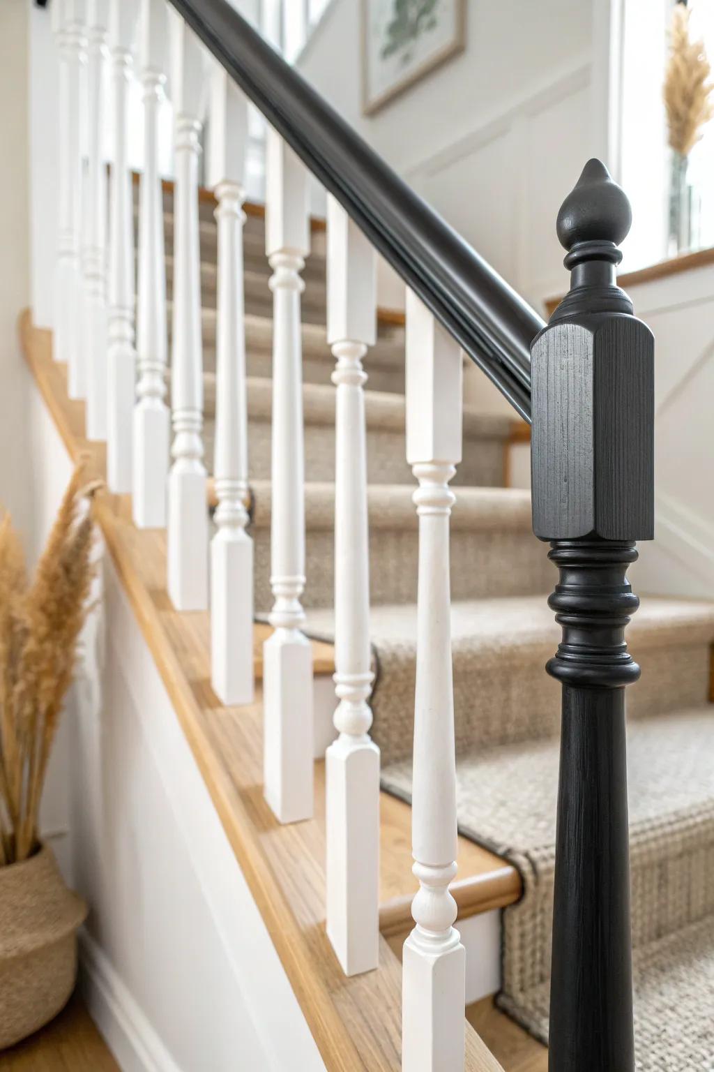 Matte black handrail + crisp white spindles: the finishing detail that elevates any landing.