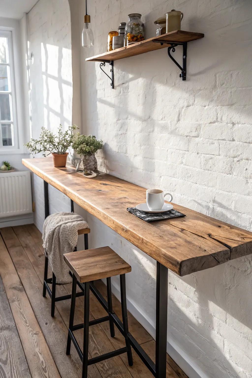Slim reclaimed-wood wall table for galley kitchens—café style seating without blocking the walkway.