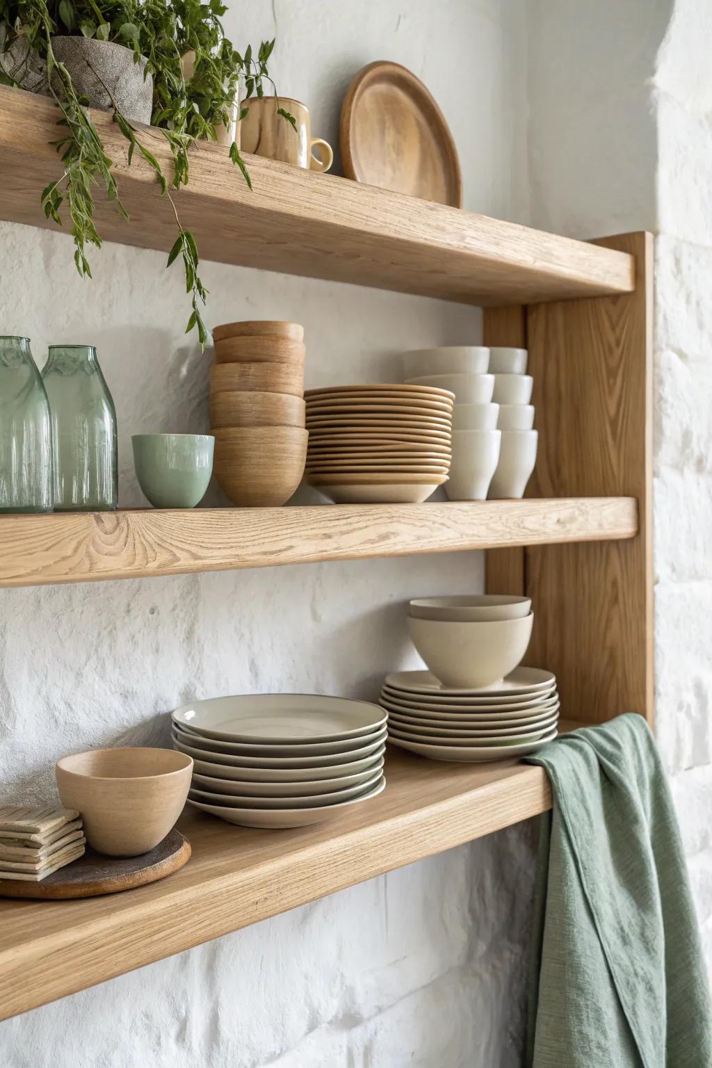Open oak display shelf with color-sorted everyday dishes—simple, cozy, and beautifully tidy.