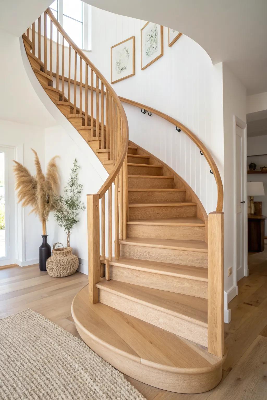 A sweeping curved wood staircase—statement-making curves without the tight spiral squeeze.
