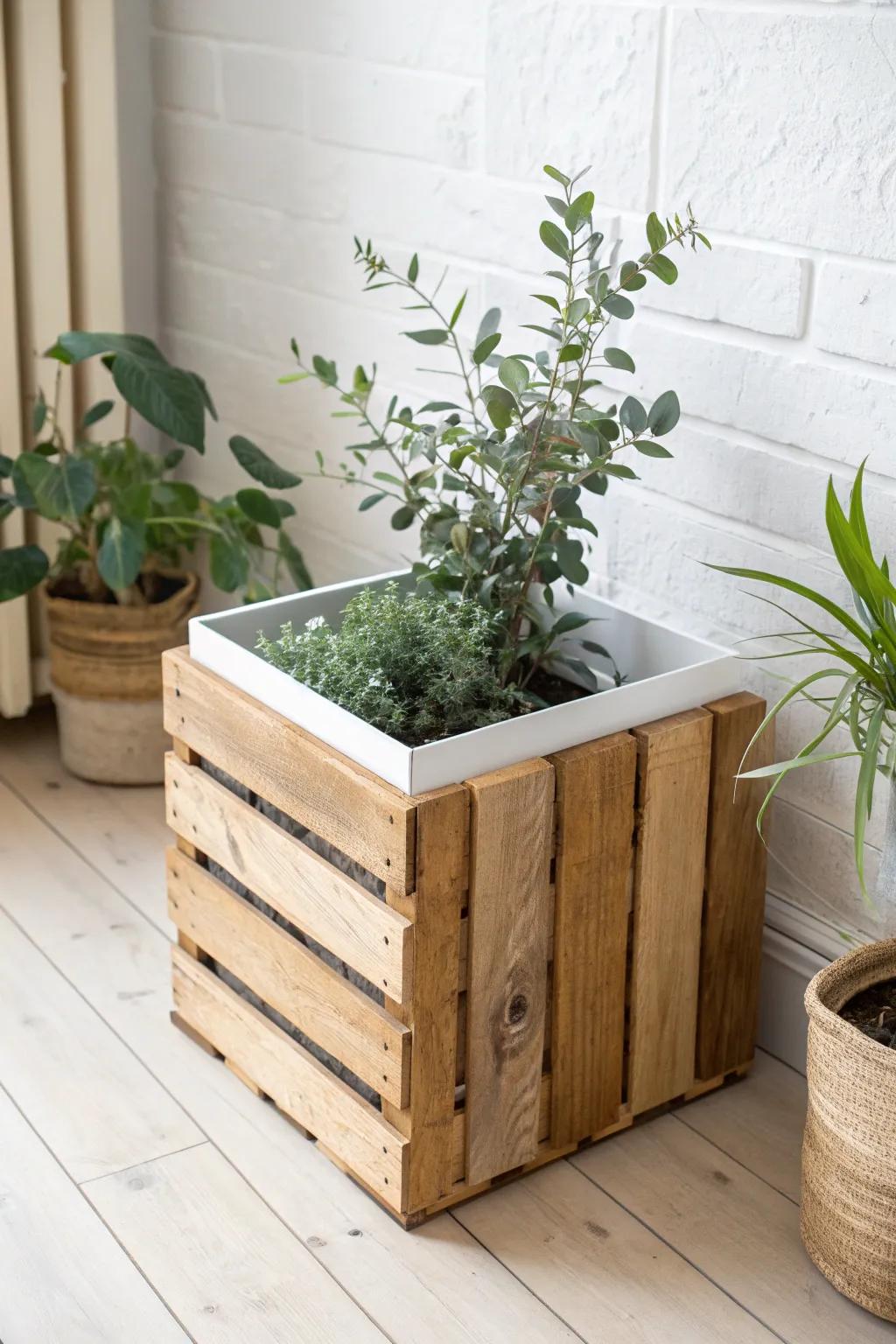 Rustic slat crate planter box—farmhouse texture, clean lines, and a hidden liner for indoors.