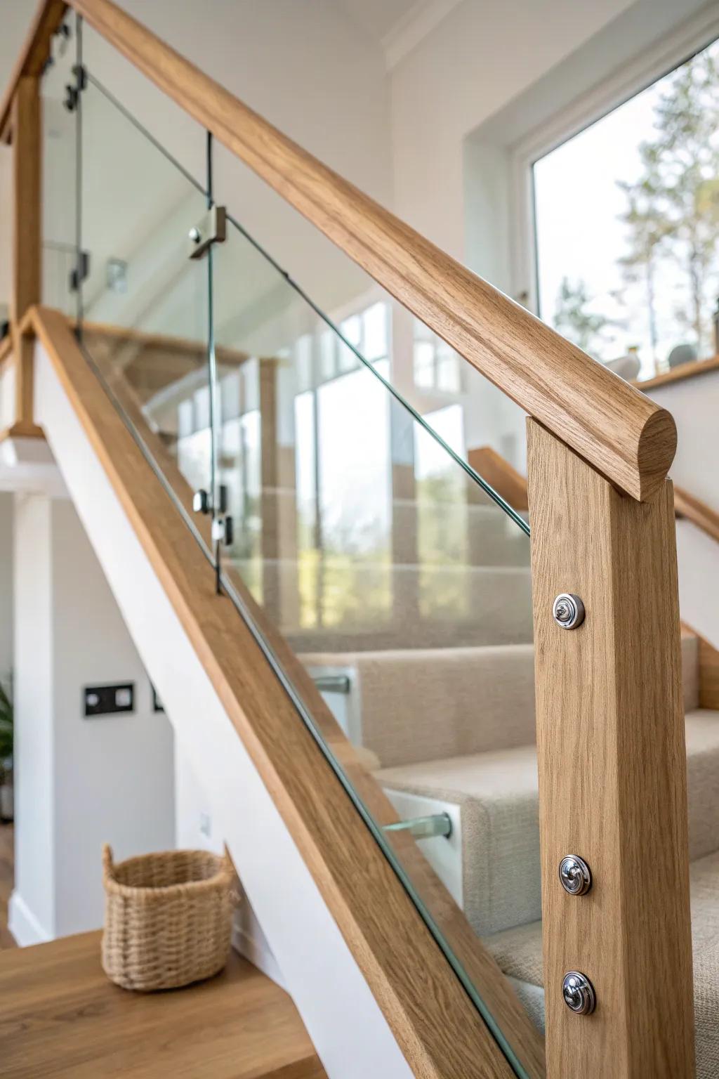 Airy glass panels paired with a warm oak top rail—light, modern, and beautifully crafted.
