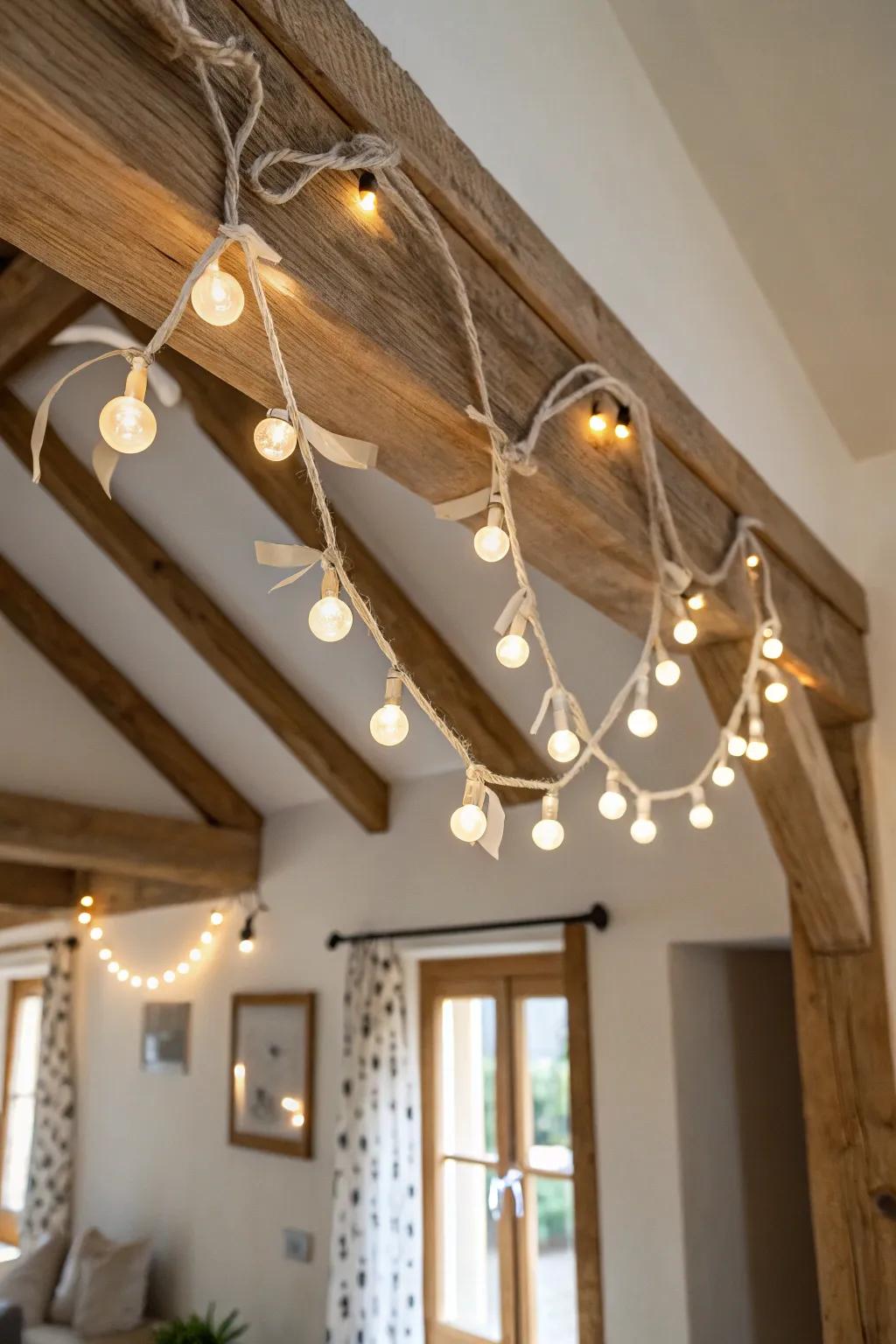 Warm string lights zigzag across wooden beams for a golden-hour rustic wedding glow indoors.