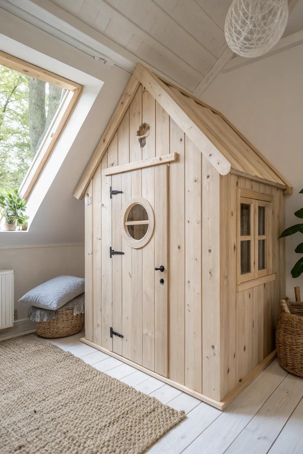 Turn a sloped-ceiling nook into a cozy attic treehouse with tongue-and-groove charm.