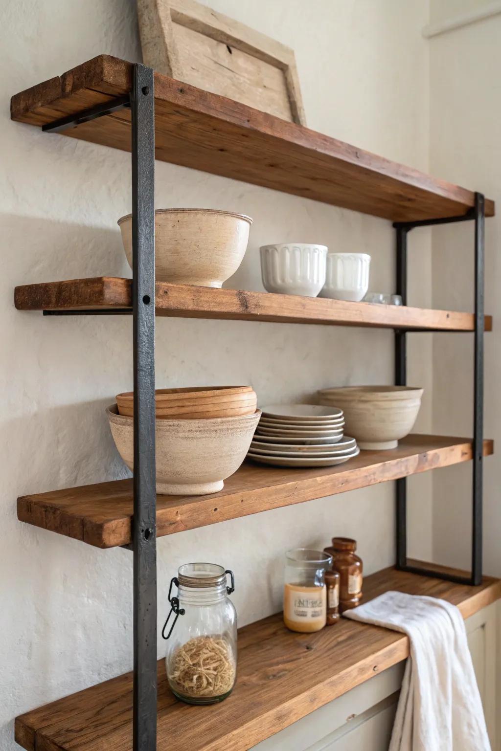 Warm oak shelves with black steel brackets—industrial edge meets cozy minimalist kitchen.