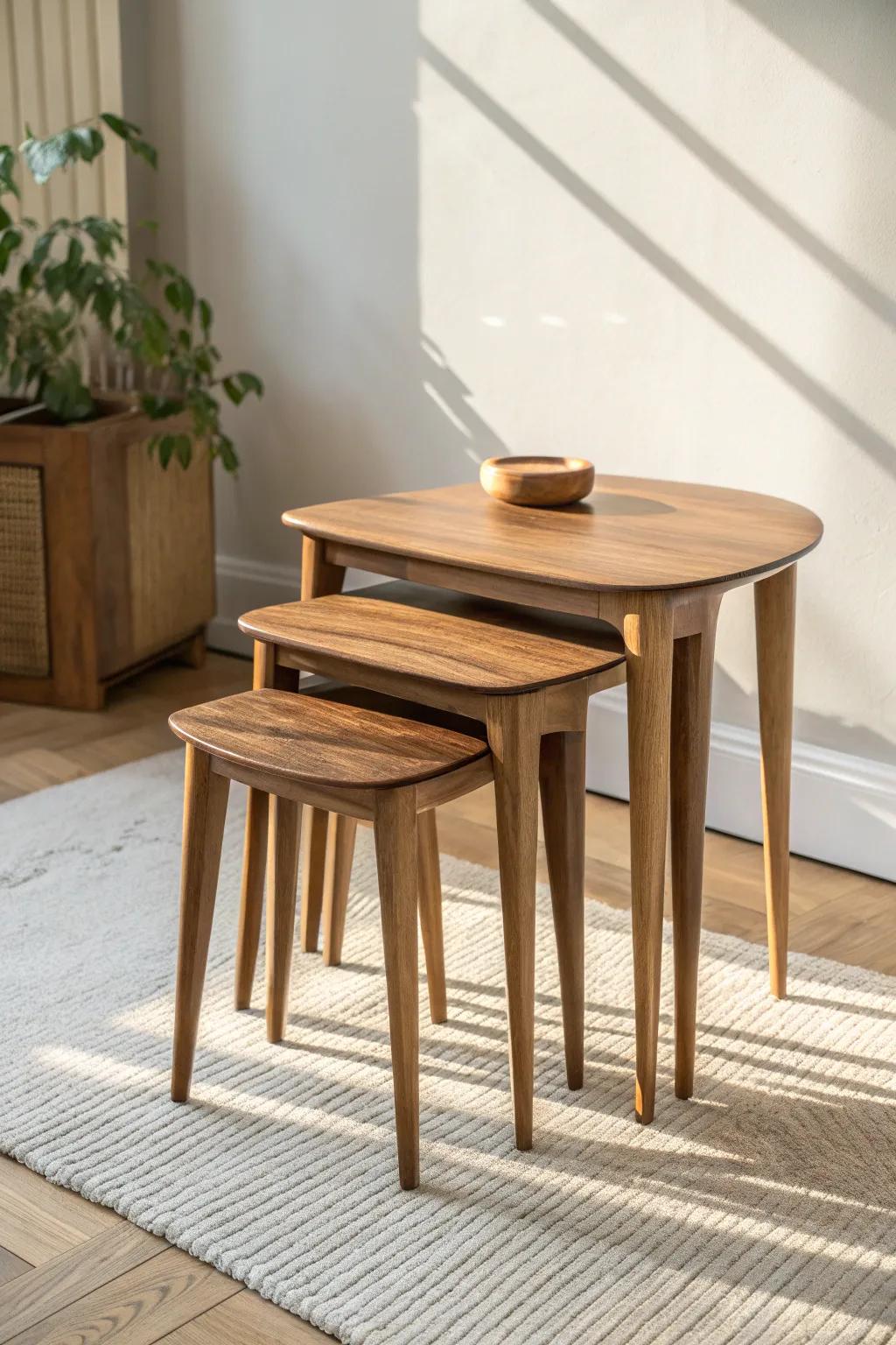 Stackable nesting side tables in contrasting woods—compact, sculptural, and ready to host.