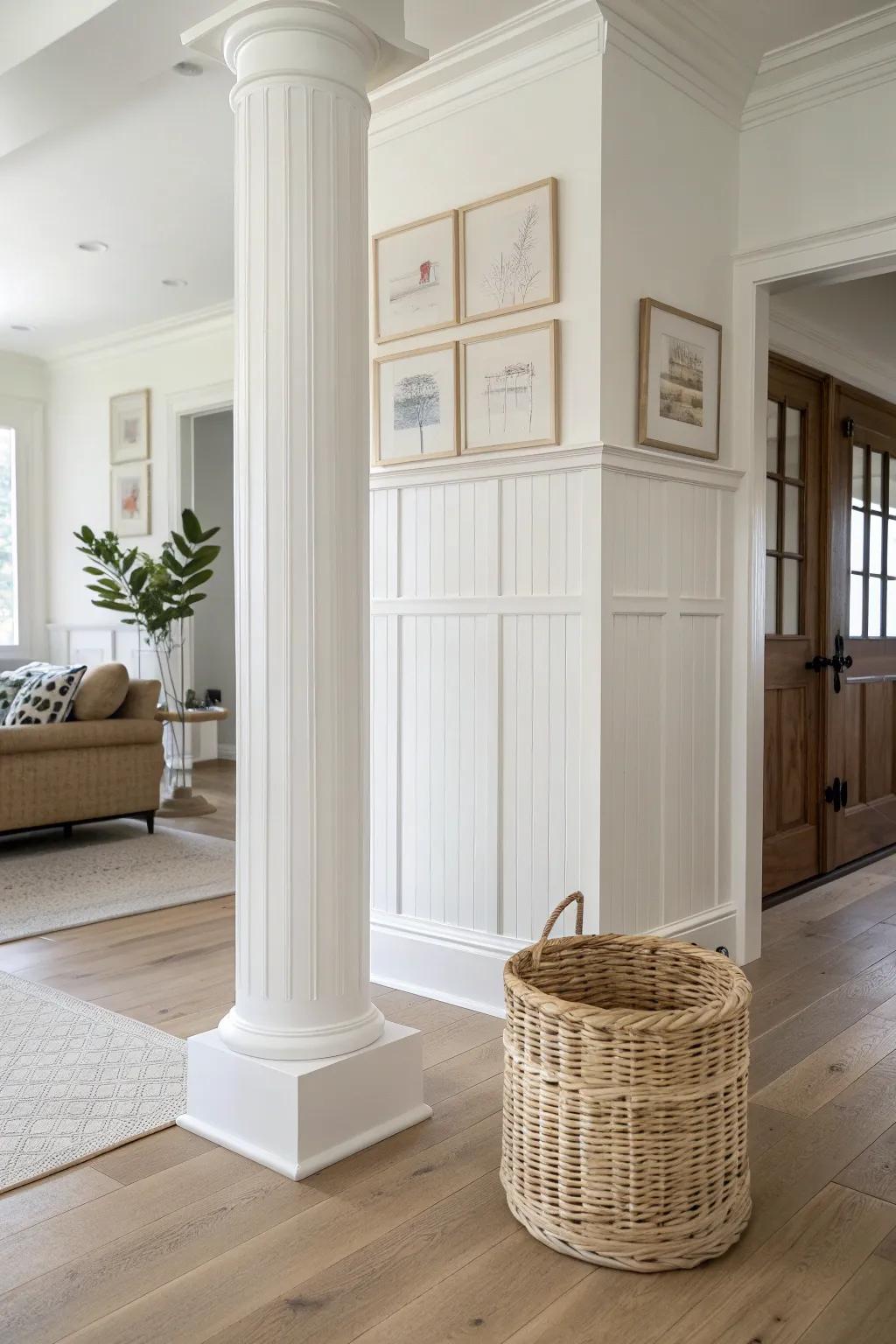 Half-height wainscoting wrap adds crafted detail without making the column feel bulky.
