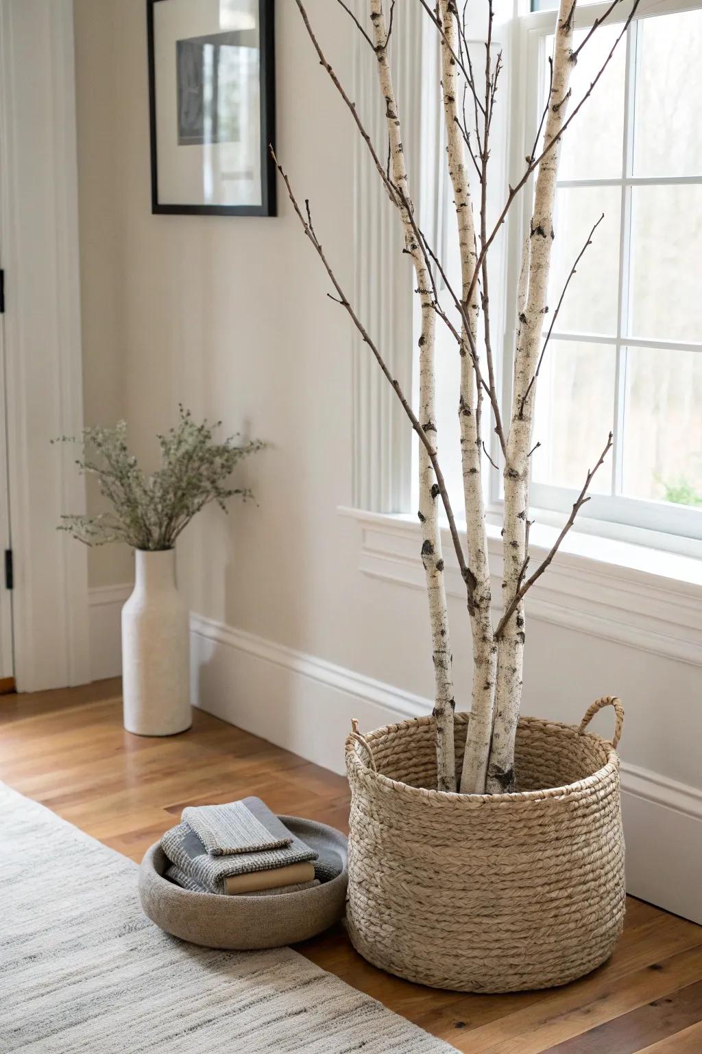 A simple birch-branch basket by the door—instant drop zone with an outdoor-meets-indoor feel.