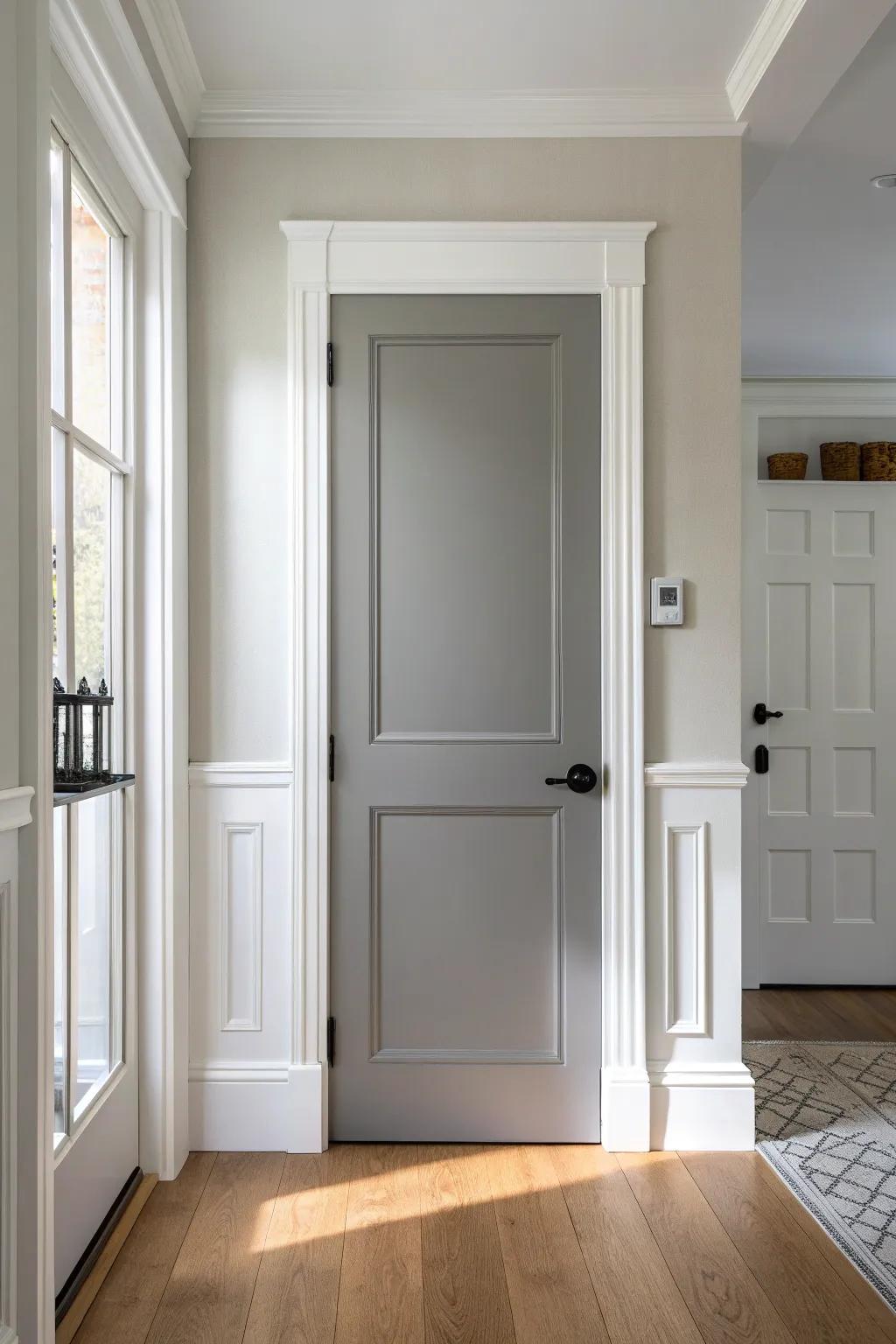 Mid-gray doors with bright white trim: classic contrast that feels calm, clean, and timeless.