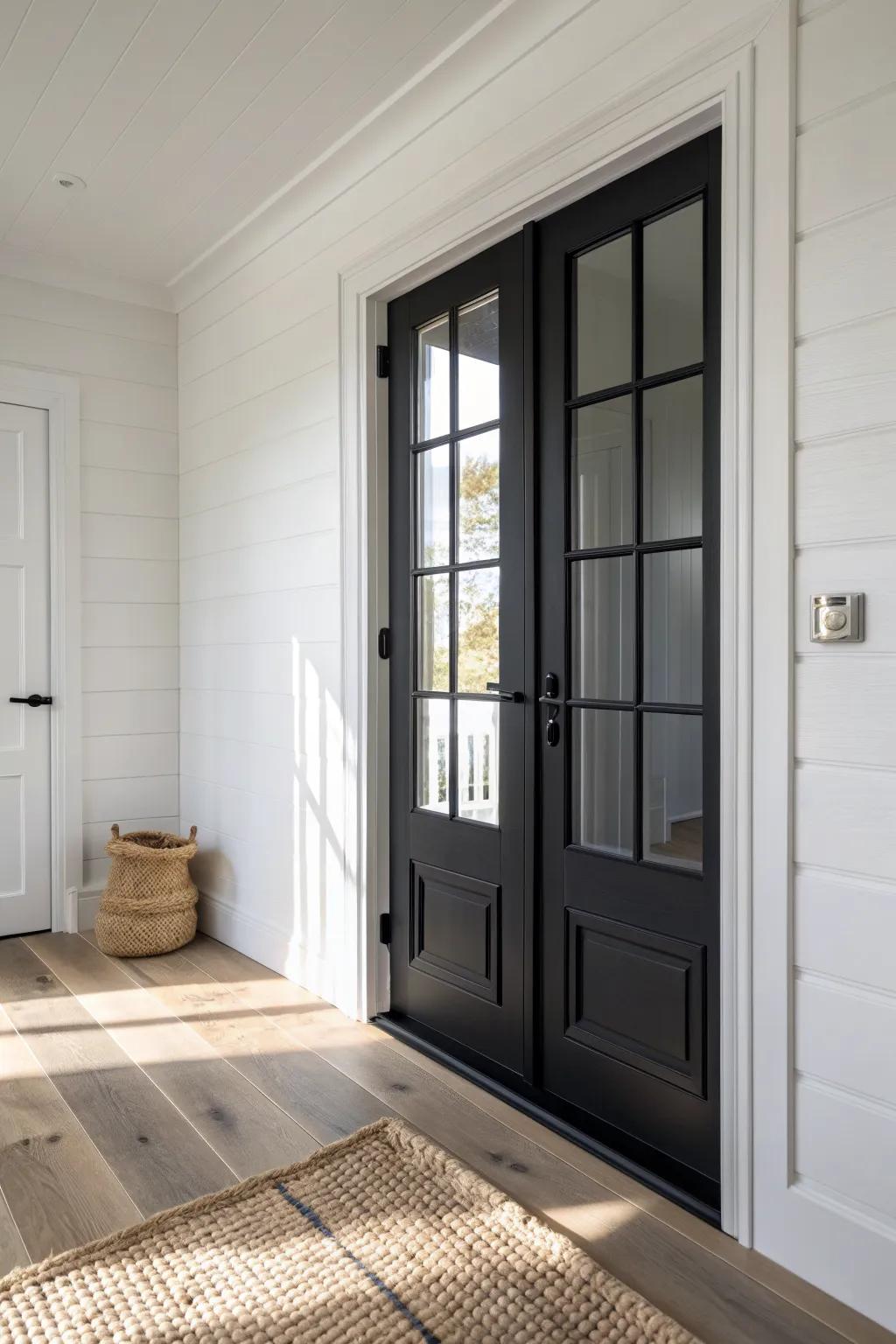 Matte black-framed French door brings bold contrast to bright walls and pale oak floors.