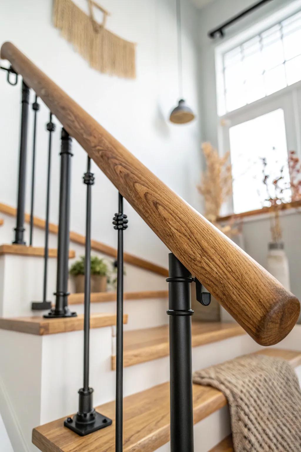 Industrial pipe railing topped with a chunky oak cap rail—bold, warm, and modular.