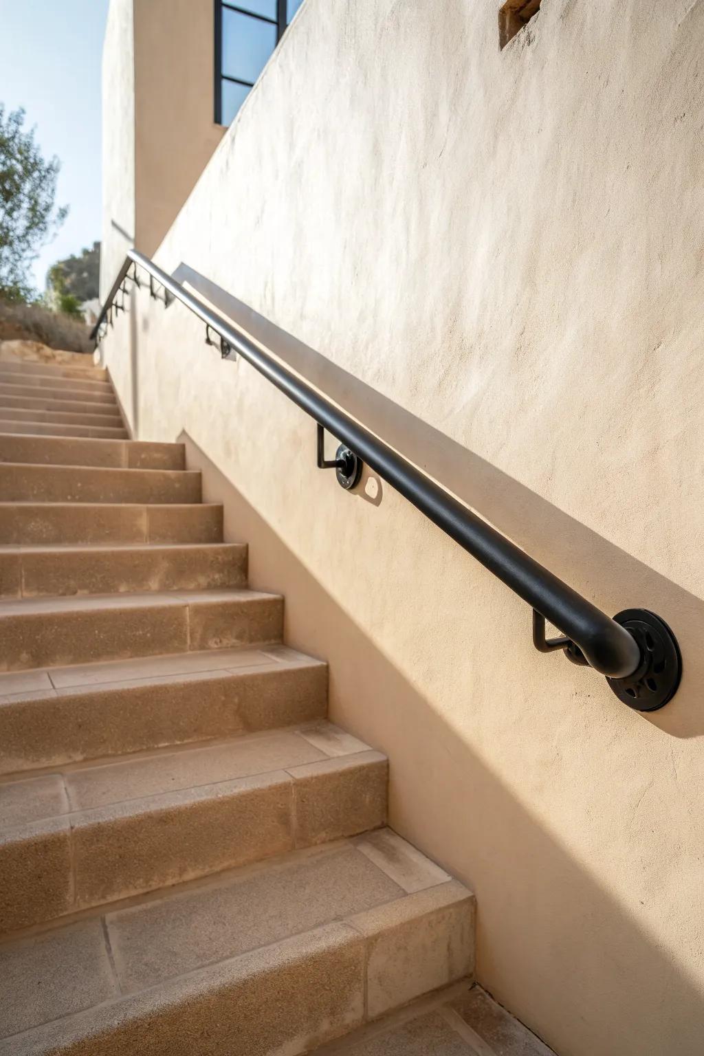Matte black handrail on a warm white wall—clean lines, bold contrast, and modern calm.