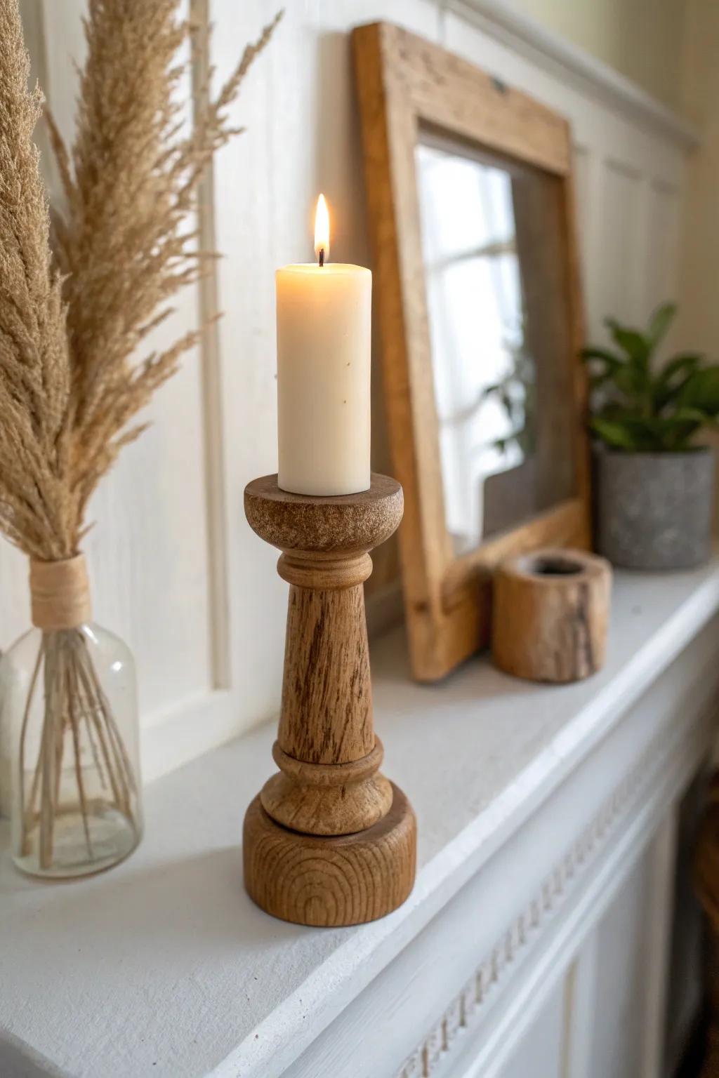 Chunky wooden candlestick + a simple taper—soft January glow with handmade warmth.
