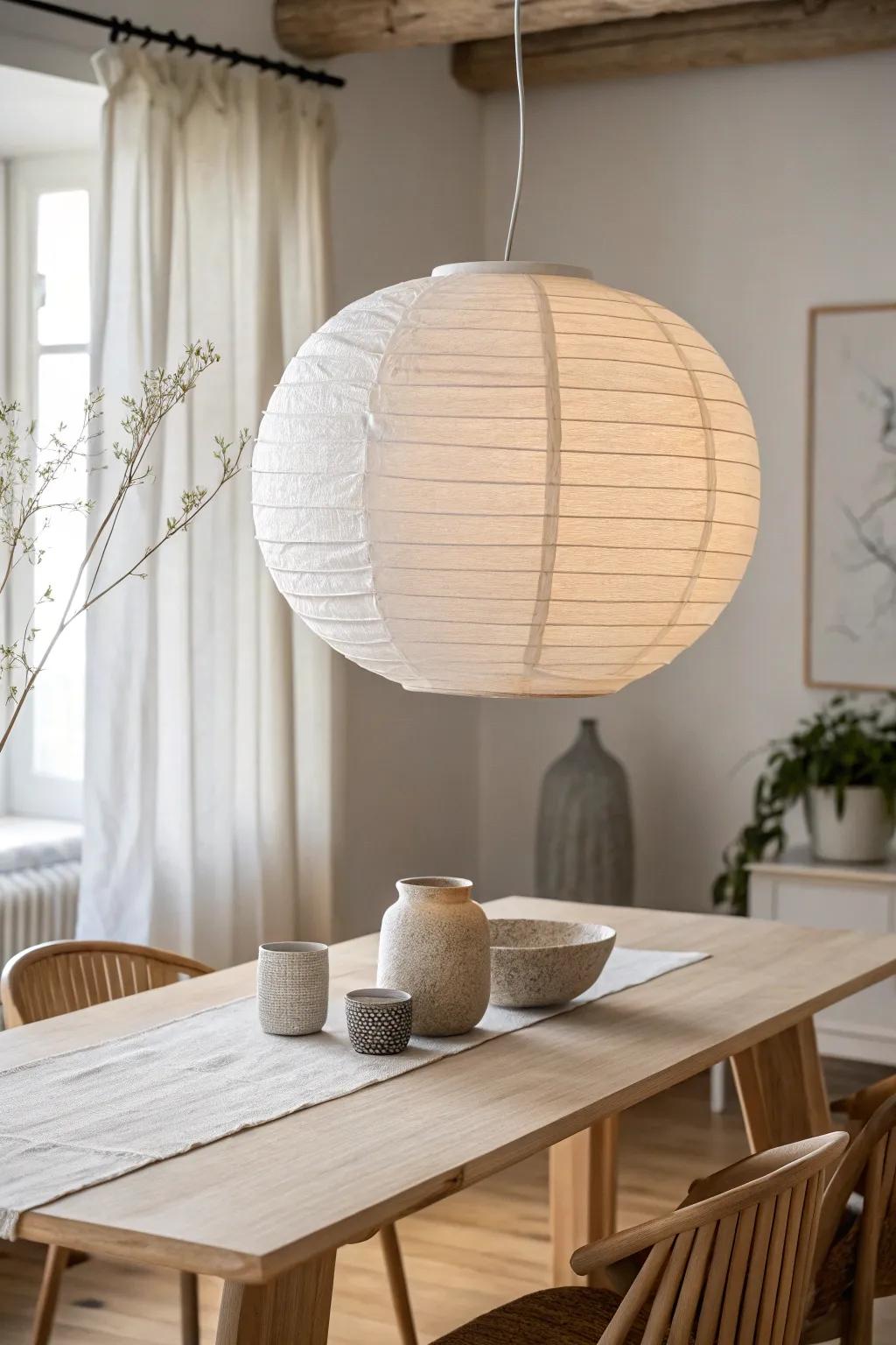An oversized paper lantern pendant adds soft Japandi calm and warm glow to dining nights.