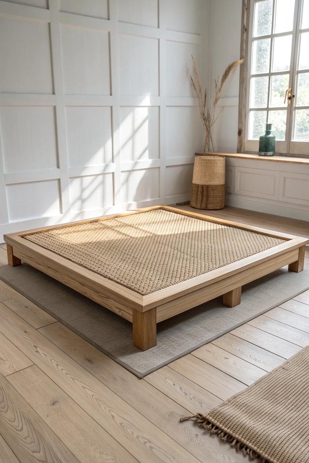 Modern tatami nook: woven texture meets pale wood, calm Scandinavian-Japanese charm.