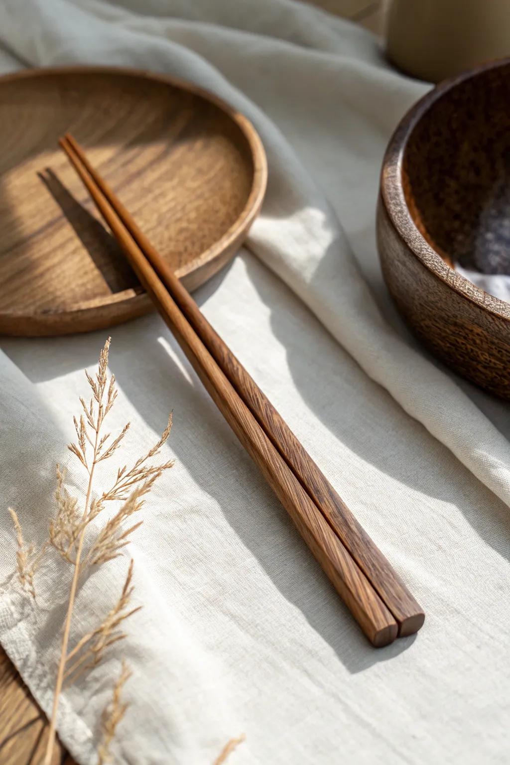 A tiny handmade wooden chopstick rest—simple, polished, and instantly elevates the table.