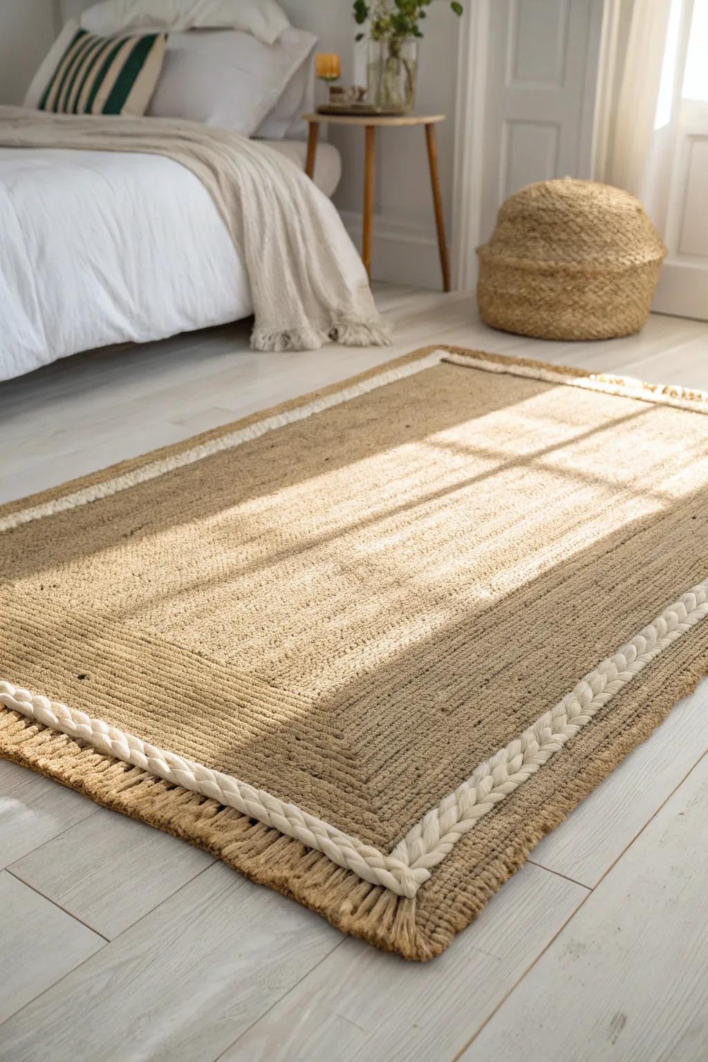 A subtle linen border makes a jute rug feel custom—clean, calm, and perfectly framed.