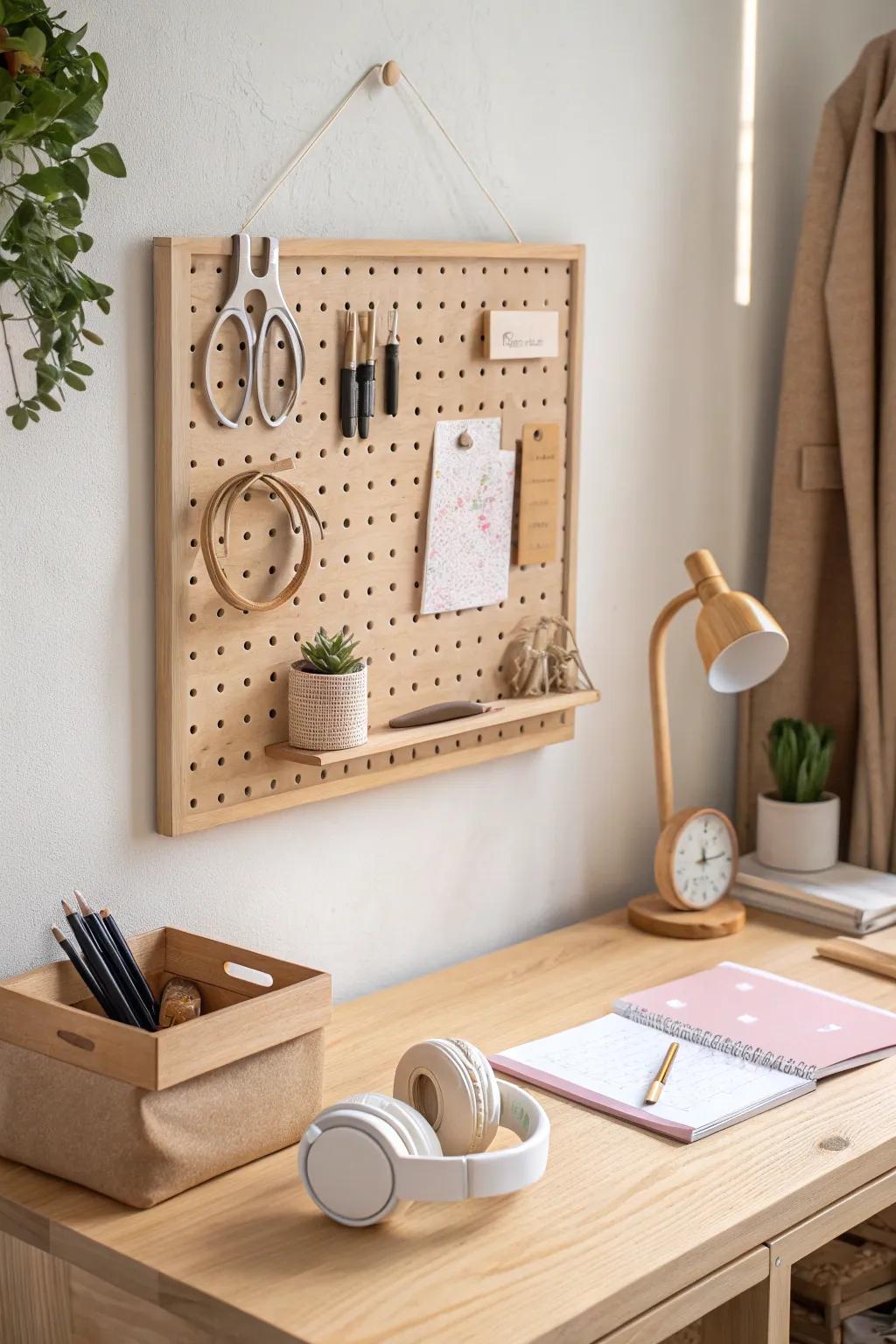 A framed birch pegboard keeps school supplies tidy—minimal, warm, and easy to rearrange.