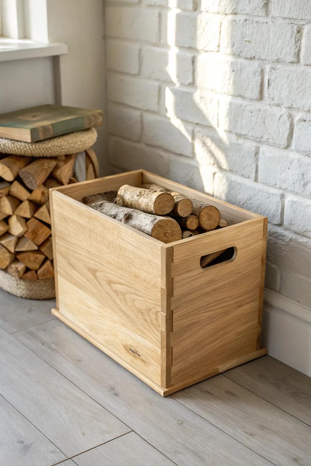 Clean cut-out handles and rounded edges make this oak kindling box simple, modern, and cozy.
