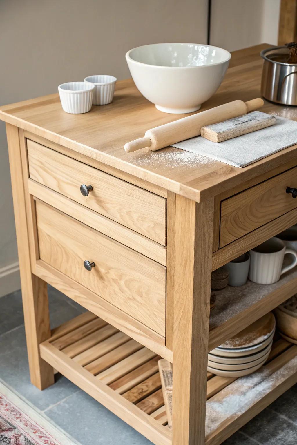 Deep-drawer baking island: warm oak, tidy tools, and a flour-dusted top for effortless prep.